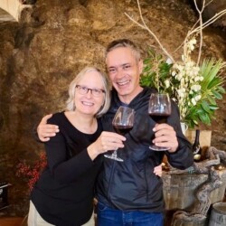 Karen and Gianluca enjoying a glass of wine at a tasting Calabria Cultural Tour