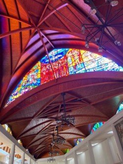 Rafted wooden ceiling with stained glass at the sanctuary of St. Francis of Paola